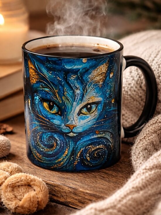 Boutique (Unmarked art mug) Other - Starry Night Cosmic Cat Mug – Artistic Feline Gift Coffee Cup NIB